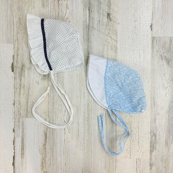 Lot of 2 Vintage Baby Bonnets Blue White 1980s Baby Togs - Picture 1 of 9